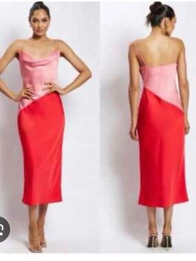 Meshki Two-Tone Pink and Red Satin Midi Dress